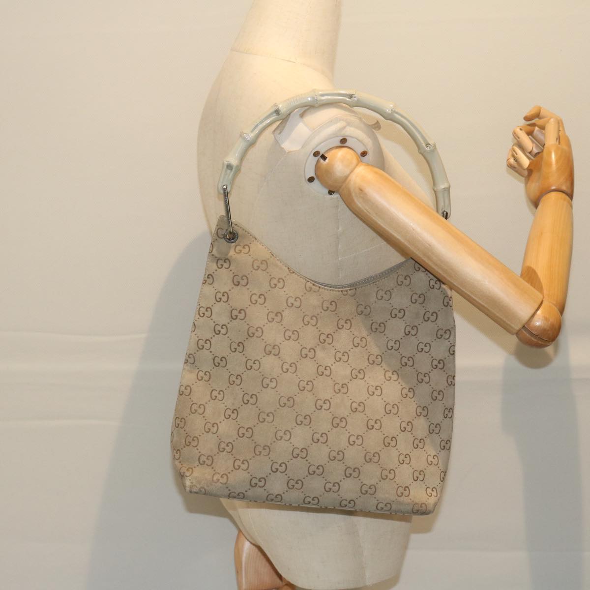 GUCCI GG Canvas Bamboo Shoulder Bag Gray 001 2058 3007 Auth yk9522