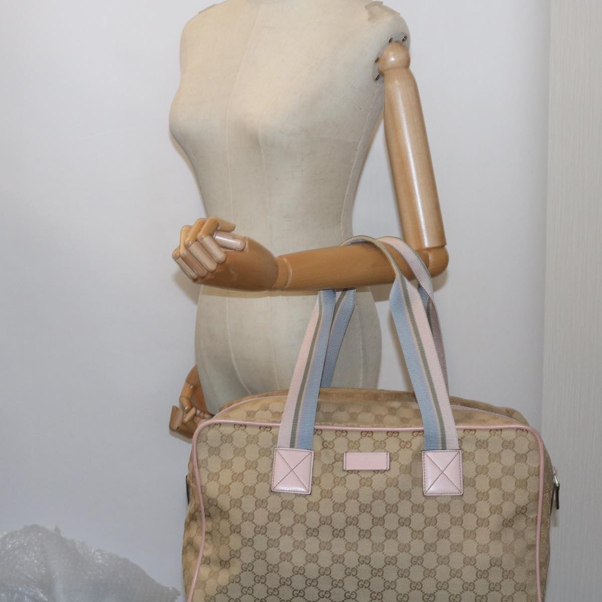 GUCCI GG Canvas Sherry Line Boston Bag Beige Light Blue Pink 153240 Auth yk9531