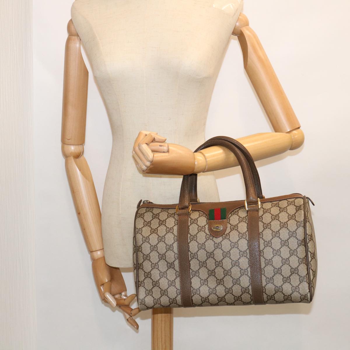 GUCCI GG Supreme Web Sherry Line Boston Bag Beige Red 98 02 007 Auth yk9594