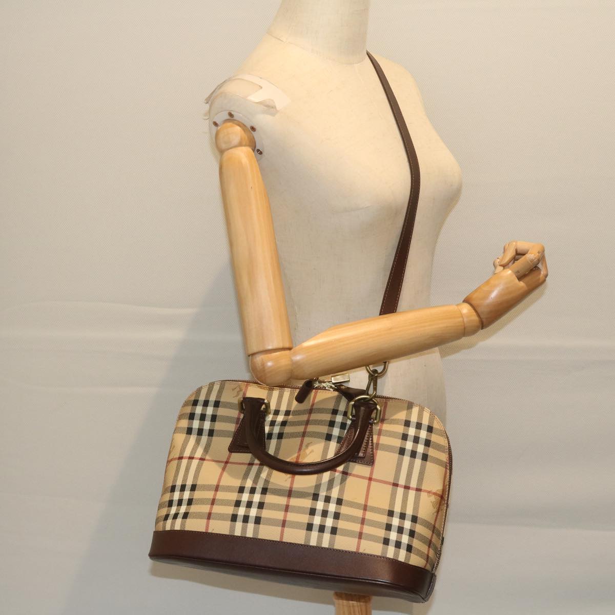 BURBERRY Nova Check Hand Bag PVC Leather 2way Beige T-05-02 Auth yk9597