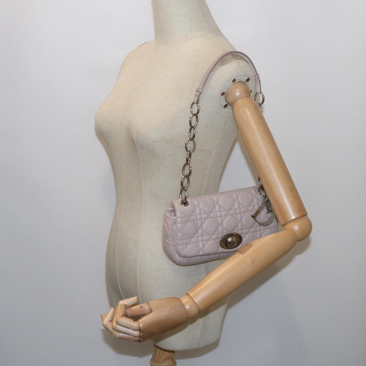 Christian Dior Lady Dior Canage Chain Shoulder Bag Lamb Skin Pink Auth yk9631