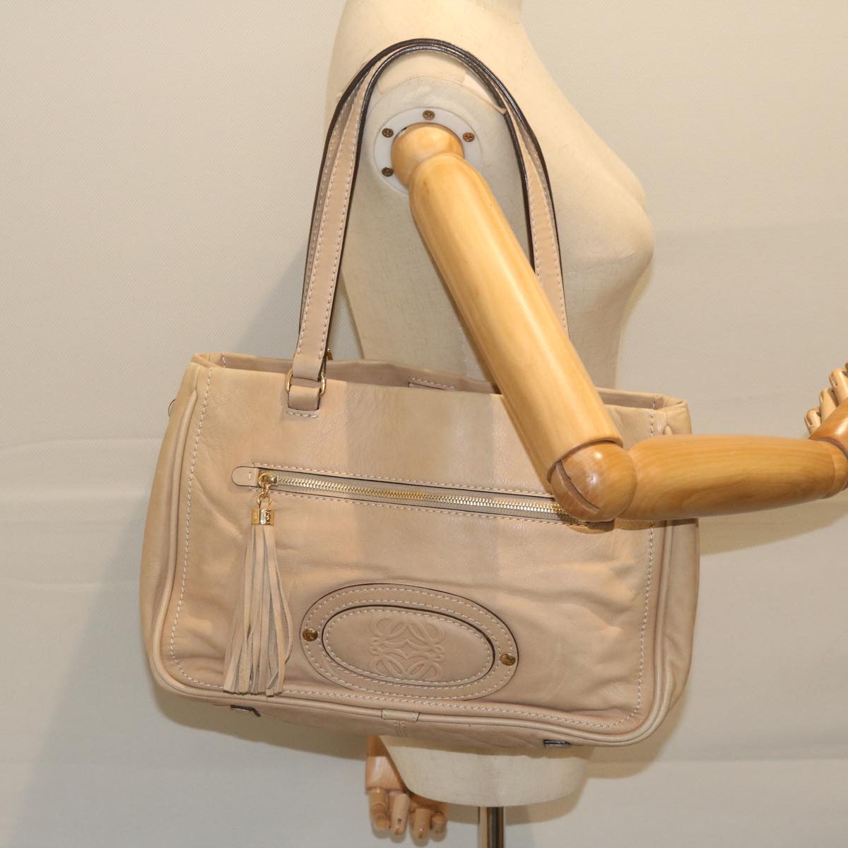 LOEWE Tote Bag Leather Beige Auth yk9737