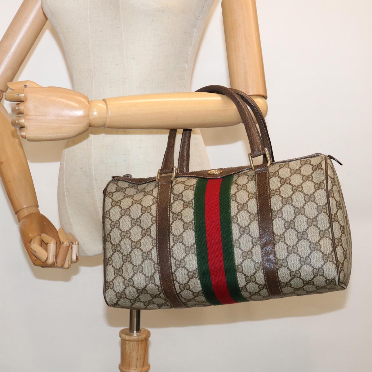 GUCCI GG Canvas Web Sherry Line Boston Bag PVC Beige Green Red Auth yk9774