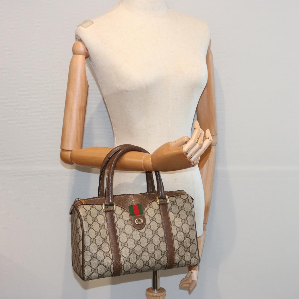 GUCCI GG Canvas Web Sherry Line Boston Bag PVC Beige Green Red Auth yk9834