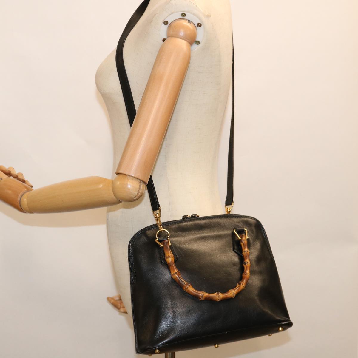 GUCCI Bamboo Hand Bag Leather 2way Black Auth yk9845