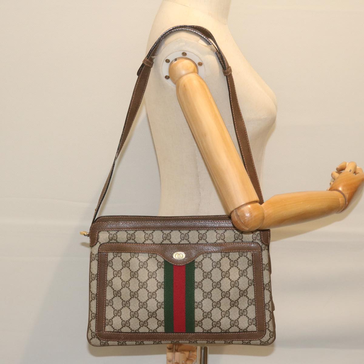 GUCCI GG Supreme Web Sherry Line Shoulder Bag Beige Red 010 378 Auth yk9916