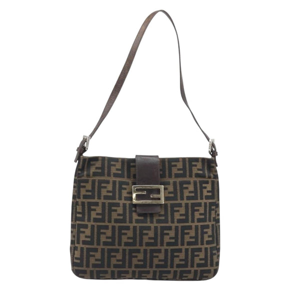 FENDI Zucca Canvas Mamma Baguette Shoulder Bag Black Brown Auth YKZ028A
