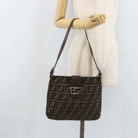 FENDI Zucca Canvas Mamma Baguette Shoulder Bag Black Brown Auth YKZ028A