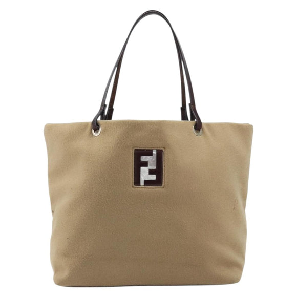 FENDI Tote Bag Cashmere Beige Silver Auth YKZ045