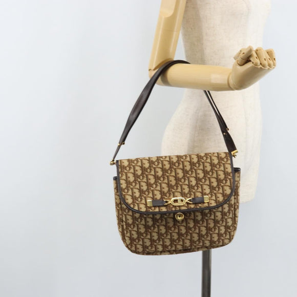 Christian Dior Trotter Canvas Shoulder Bag Brown Gold Auth YKZ048