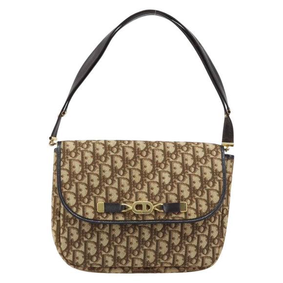 Christian Dior Trotter Canvas Shoulder Bag Brown Gold Auth YKZ048