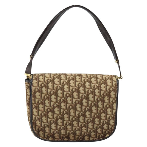 Christian Dior Trotter Canvas Shoulder Bag Brown Gold Auth YKZ048