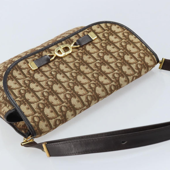 Christian Dior Trotter Canvas Shoulder Bag Brown Gold Auth YKZ048