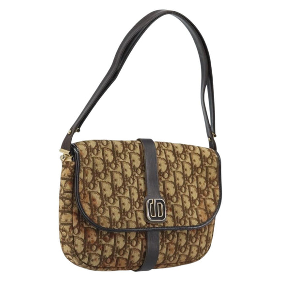 Christian Dior Trotter Canvas Shoulder Bag Beige Gold Auth YKZ051