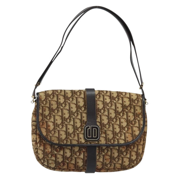 Christian Dior Trotter Canvas Shoulder Bag Beige Gold Auth YKZ051