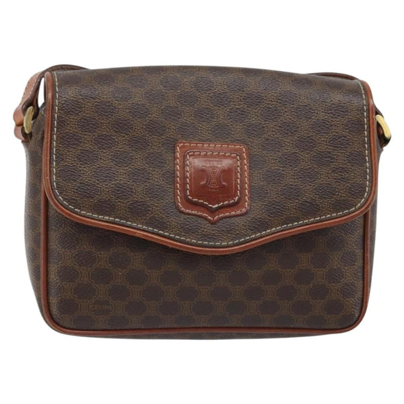 CELINE Macadam Canvas Shoulder Bag PVC Leather Brown Gold Auth YKZ056