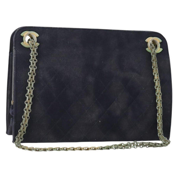 CHANEL Matelasse Chain Hand Bag Cotton Navy Gold CC Auth YKZ061