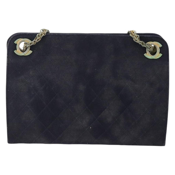 CHANEL Matelasse Chain Hand Bag Cotton Navy Gold CC Auth YKZ061