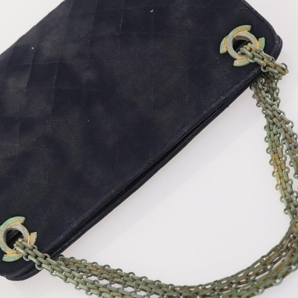 CHANEL Matelasse Chain Hand Bag Cotton Navy Gold CC Auth YKZ061