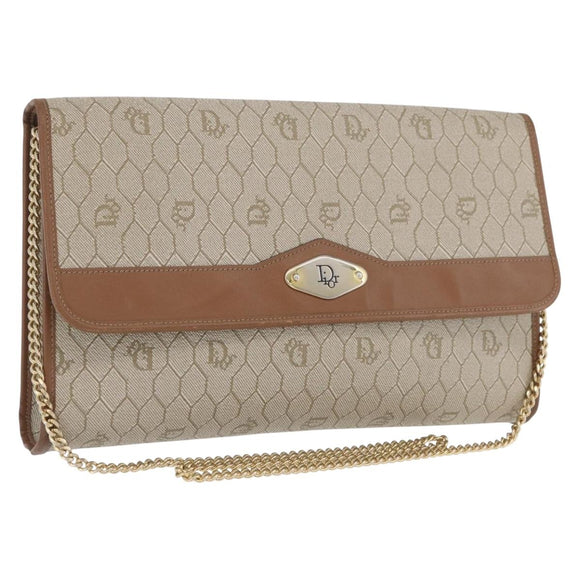 Christian Dior Honeycomb Canvas Chain Shoulder Bag PVC Beige Gold Auth YKZ075A