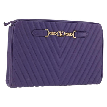 VALENTINO Clutch Bag Leather Purple Gold Auth YKZ076