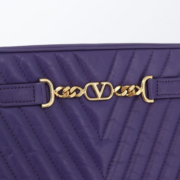 VALENTINO Clutch Bag Leather Purple Gold Auth YKZ076