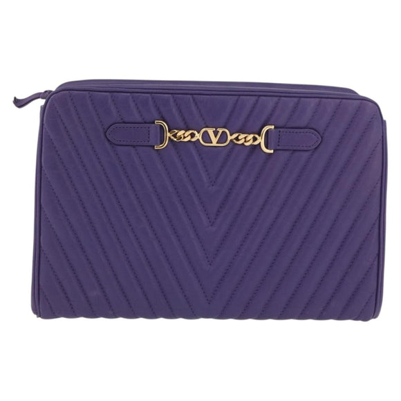 VALENTINO Clutch Bag Leather Purple Gold Auth YKZ076