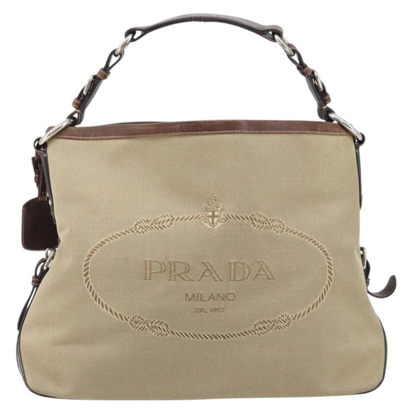PRADA Shoulder Bag Canvas Beige Silver Auth YKZ082A