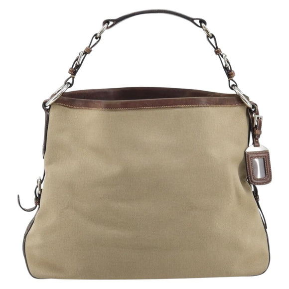 PRADA Shoulder Bag Canvas Beige Silver Auth YKZ082A