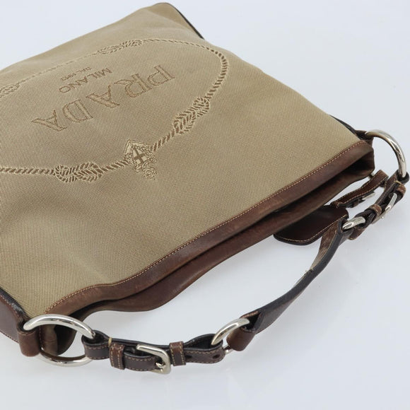 PRADA Shoulder Bag Canvas Beige Silver Auth YKZ082A