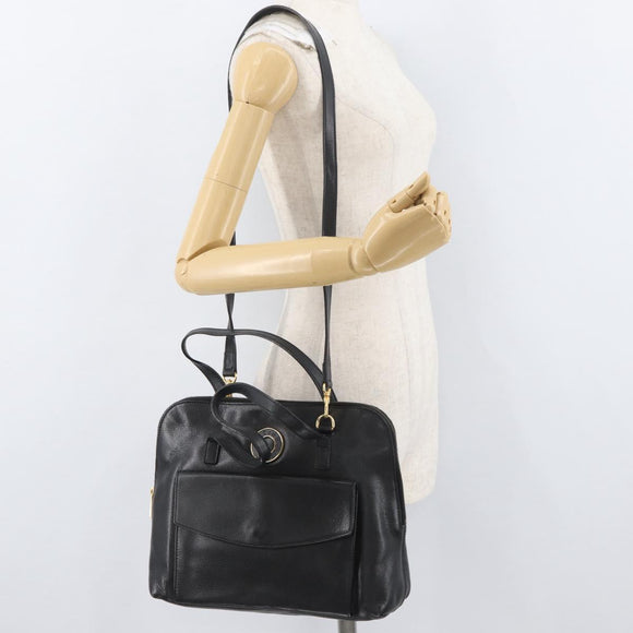 CELINE Circle Hand Bag Leather 2way Black Gold Auth YKZ085