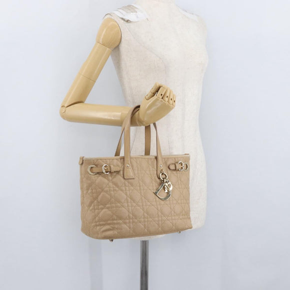 Christian Dior Lady Dior Canage Hand Bag Coated Canvas Beige Gold Auth YKZ089