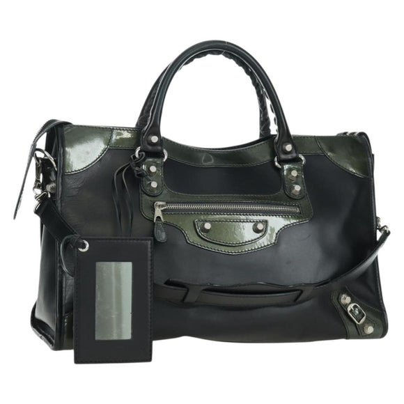 BALENCIAGA Giant City Hand Bag Leather 2way Black Silver 281770 Auth YKZ099SAV