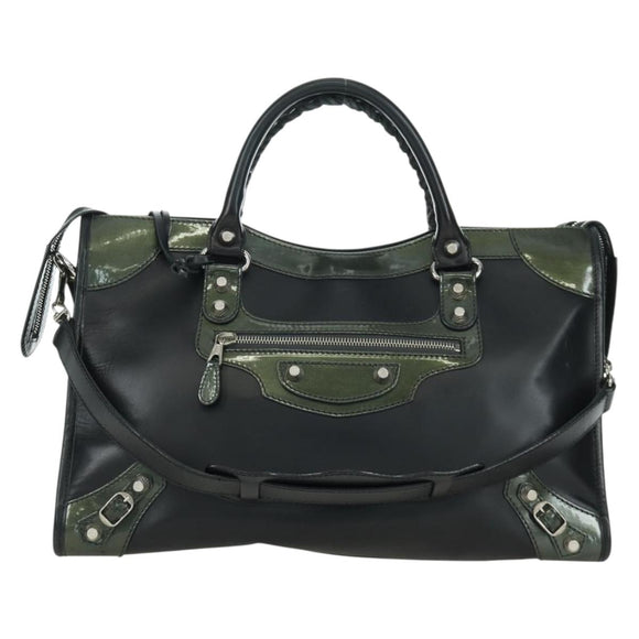 BALENCIAGA Giant City Hand Bag Leather 2way Black Silver 281770 Auth YKZ099SAV