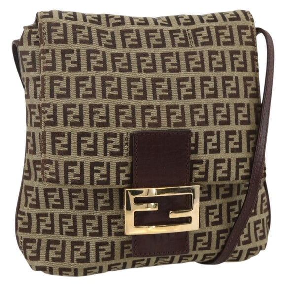 FENDI Zucchino Canvas Mamma Baguette Shoulder Bag Beige Gold Auth YKZ1006