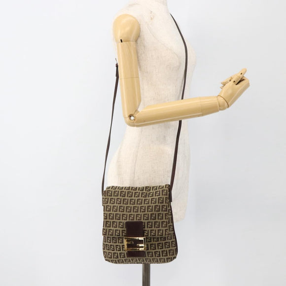 FENDI Zucchino Canvas Mamma Baguette Shoulder Bag Beige Gold Auth YKZ1006