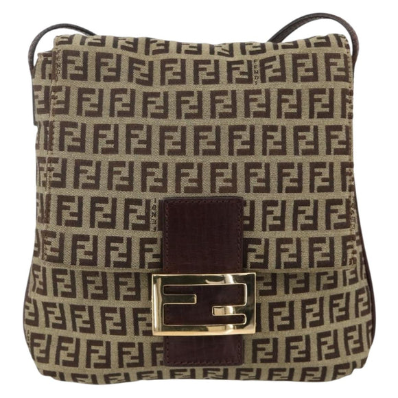 FENDI Zucchino Canvas Mamma Baguette Shoulder Bag Beige Gold Auth YKZ1006