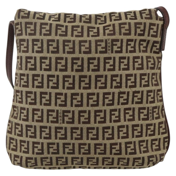 FENDI Zucchino Canvas Mamma Baguette Shoulder Bag Beige Gold Auth YKZ1006