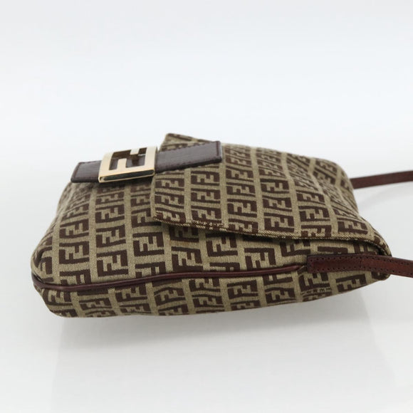FENDI Zucchino Canvas Mamma Baguette Shoulder Bag Beige Gold Auth YKZ1006