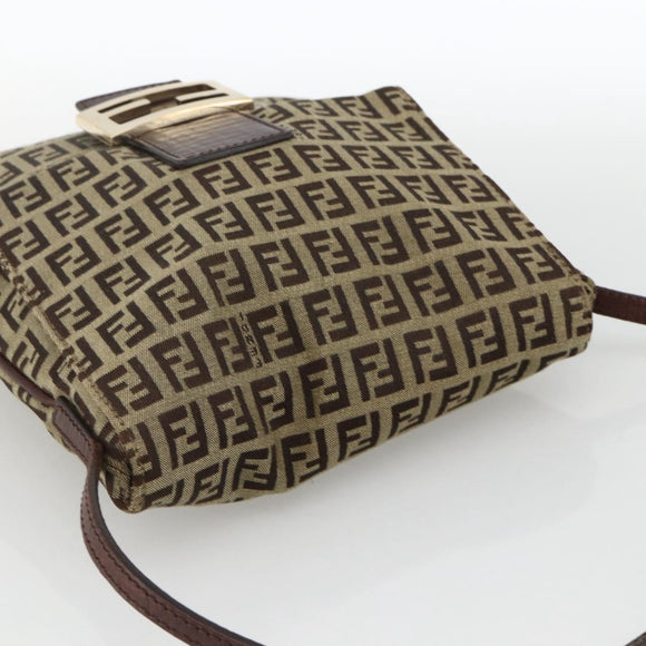 FENDI Zucchino Canvas Mamma Baguette Shoulder Bag Beige Gold Auth YKZ1006