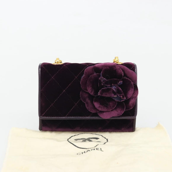 CHANEL Matelasse Chain Camelia Shoulder Bag Velor Purple Gold CC Auth YKZ1012V