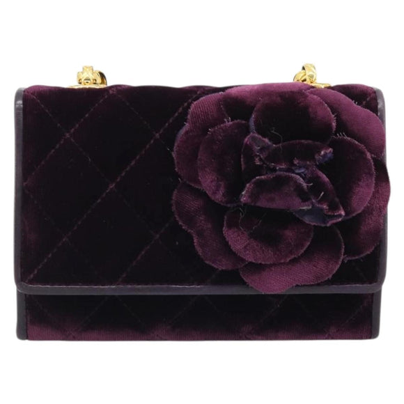 CHANEL Matelasse Chain Camelia Shoulder Bag Velor Purple Gold CC Auth YKZ1012V