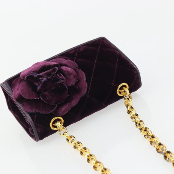 CHANEL Matelasse Chain Camelia Shoulder Bag Velor Purple Gold CC Auth YKZ1012V