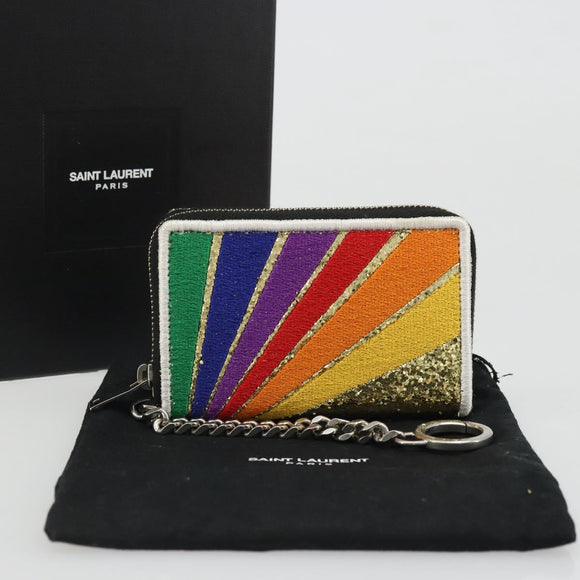 SAINT LAURENT Coin Purse Canvas Multicolor Silver Auth YKZ1018A