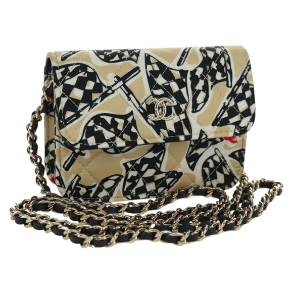 CHANEL Matelasse Checker Flag Chain Pouch Cotton Beige CC Auth YKZ1020SAM