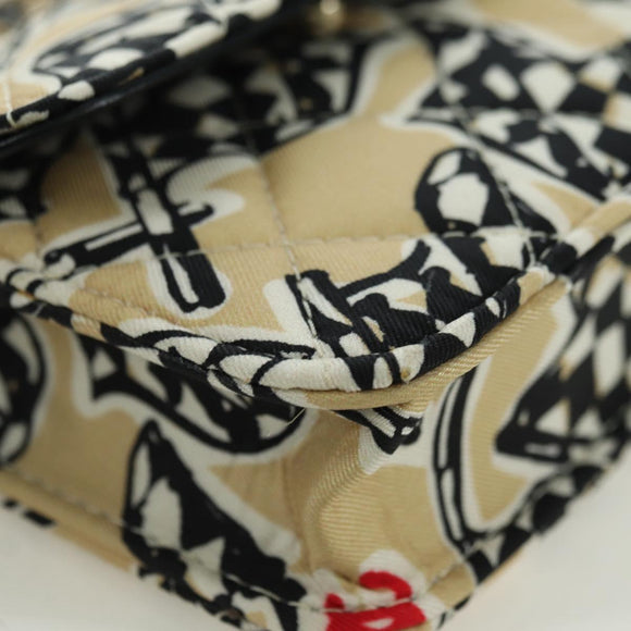 CHANEL Matelasse Checker Flag Chain Pouch Cotton Beige CC Auth YKZ1020SAM