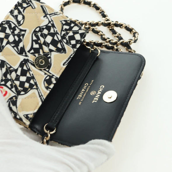 CHANEL Matelasse Checker Flag Chain Pouch Cotton Beige CC Auth YKZ1020SAM