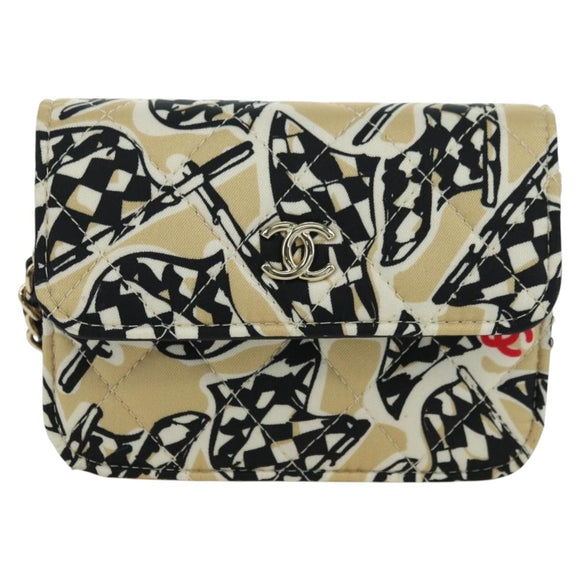 CHANEL Matelasse Checker Flag Chain Pouch Cotton Beige CC Auth YKZ1020SAM
