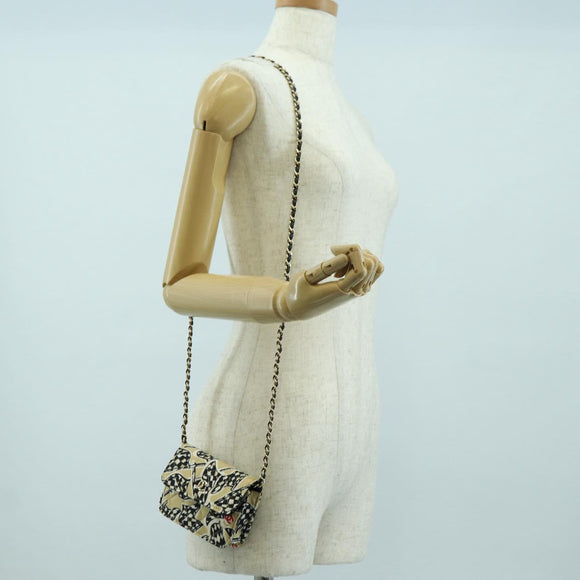 CHANEL Matelasse Checker Flag Chain Pouch Cotton Beige CC Auth YKZ1020SAM