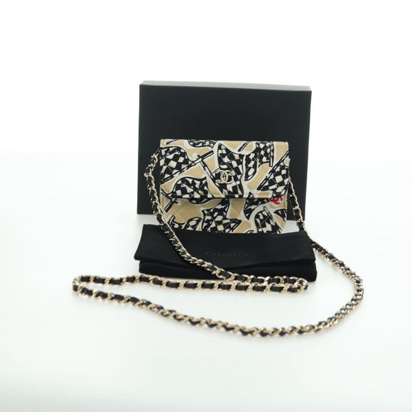 CHANEL Matelasse Checker Flag Chain Pouch Cotton Beige CC Auth YKZ1020SAM